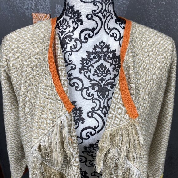 Ruby Rd Orange Yellow Brown Knit Fringe Trim Open Cardigan. Size Large - Picture 2 of 10